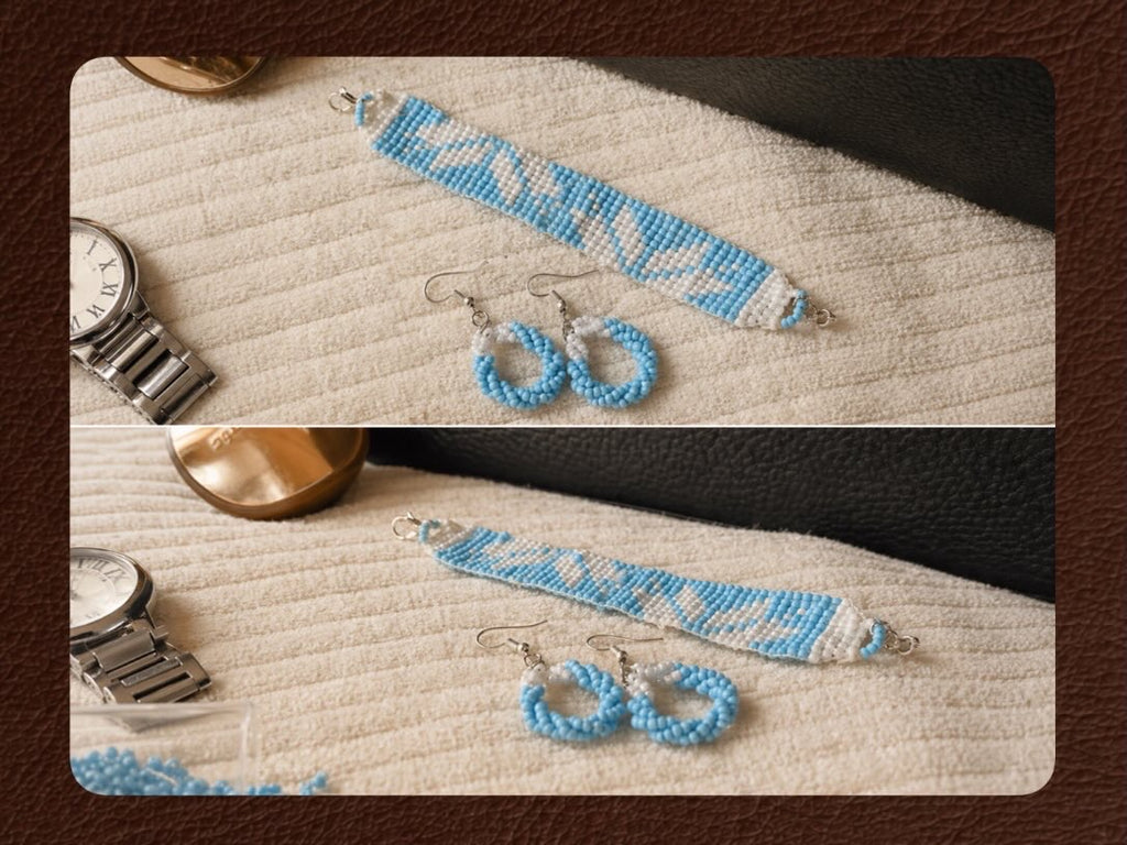 Blue & White Seed Bead Bracelet with Matching Earrings – Handmade Jewelry Set for Women
